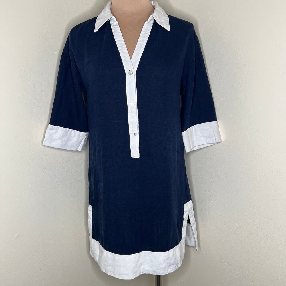 Cynthia Rowley Polo Shirt Dress XS Womens Blue Linen Blend Shift Woven Preppy